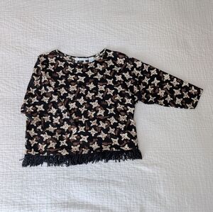 Chaus Black And Brown Fringed 3/4 Sleeve Pull Over Classic Rayon Blouse Size 10
